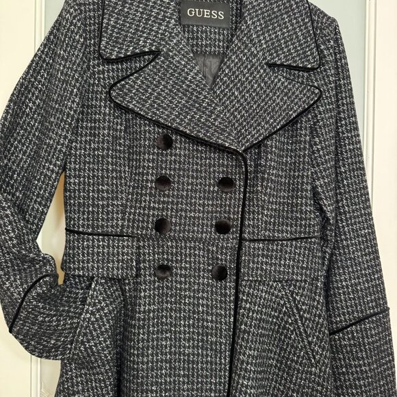GUESS Houndstooth Wool Peacoat | Black & White Double-Breasted | Size Medium - Picture 3 of 13